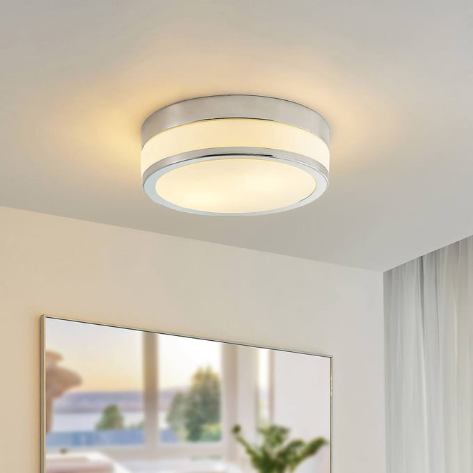 Lindby - Plafondlamp badkamer - 2lichts - Glas, metaal - H: 9 cm - E27 - opaalwit, chroom