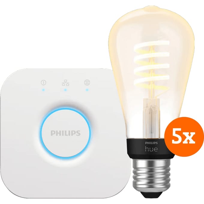 Philips Hue Filament White Ambiance Edison 5-Pack + Bridge
