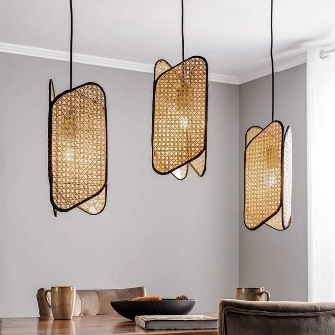 Lucande - hanglamp - 3lichts - ijzer, bamboe - H: 37 cm - E27 - zwart, licht hout