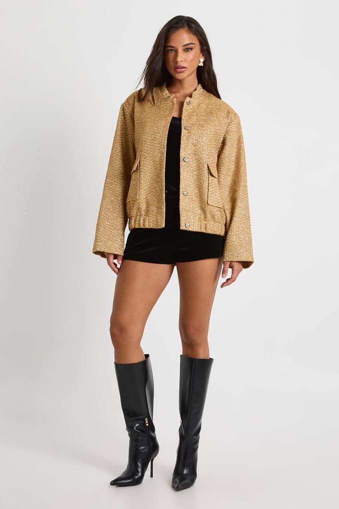 boohoo Dames Pailletten Boucle Bomberjack | Goud | Maat: 38