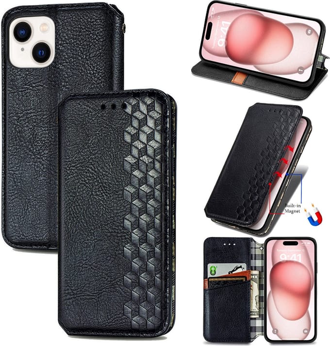 Luxe PU Lederen Ruitpatroon Wallet Case + PMMA Screenprotector voor iPhone 15 _ Zwart