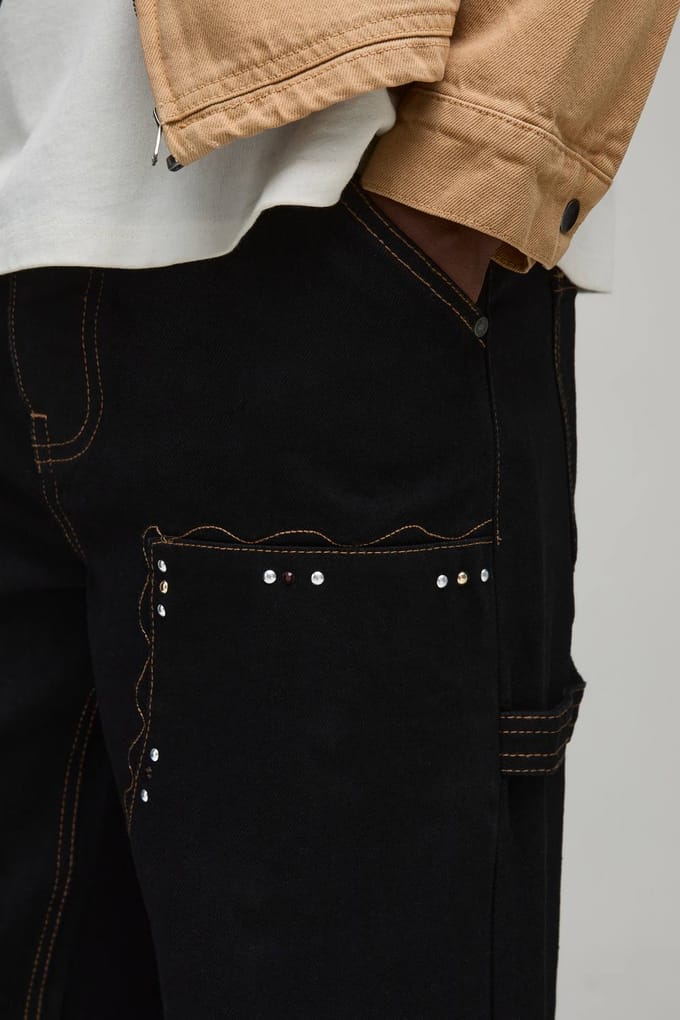 Relaxed Fit Carpenter Western Embellished Jeans | True Black | Size 48R