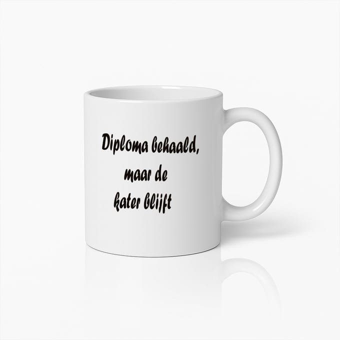 Grappige Diploma Mok – Diploma Behaald Maar De Kater Blijft