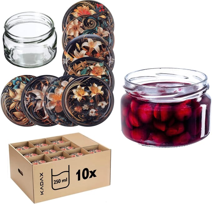 Denia Weckpotten 250ml 10st 82mm + Deksel "Bloemen"