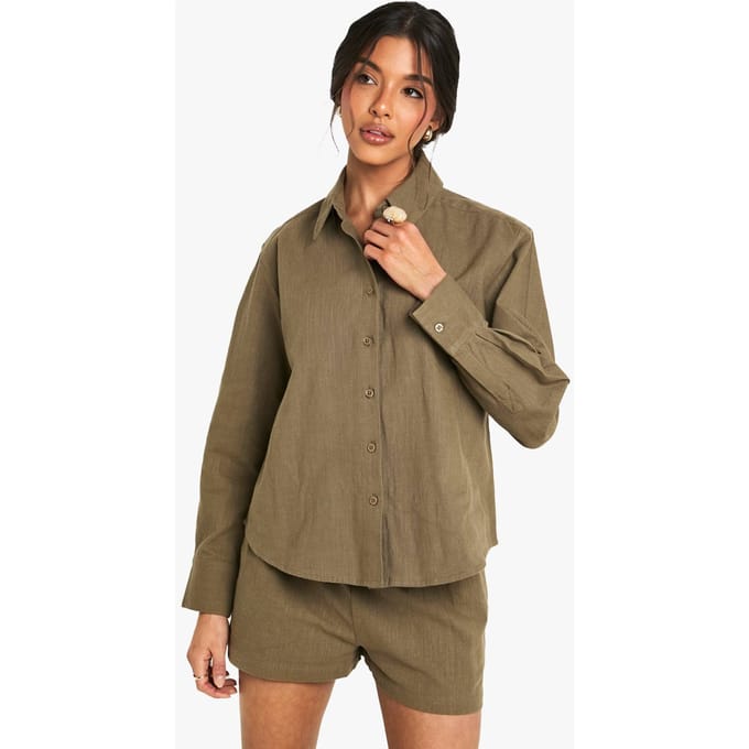 boohoo Dames Linnen look oversized shirt | Kaki | Maat: 36