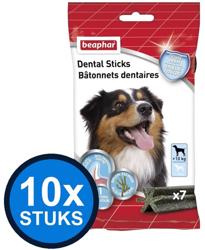 10x Beaphar - Dental Sticks Middel/grote Hond 7st - Hondenvoer Snacks - 182 g