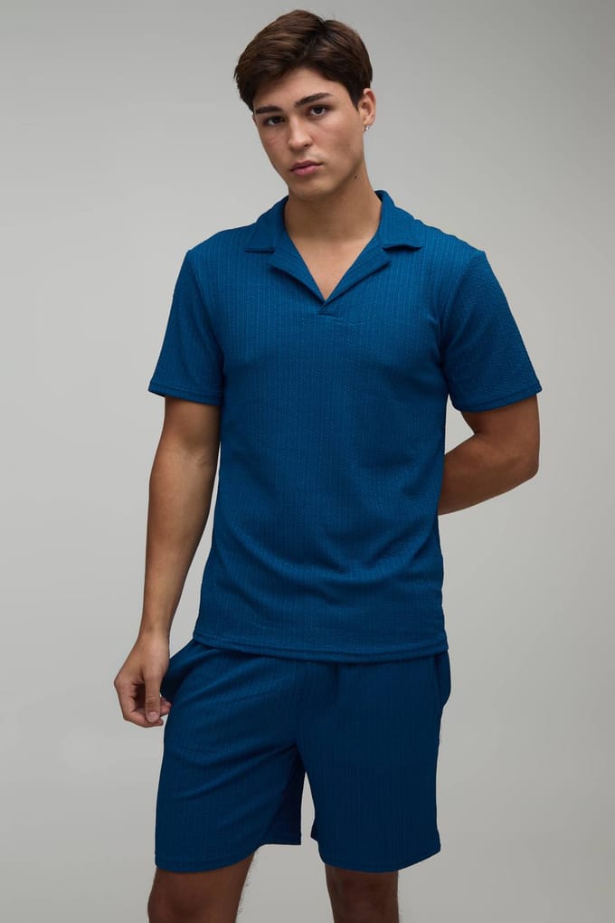 Jersey Gestructureerde Geribbelde Slim Fit Polo & Relaxed Short Set | Navy | Size Medium