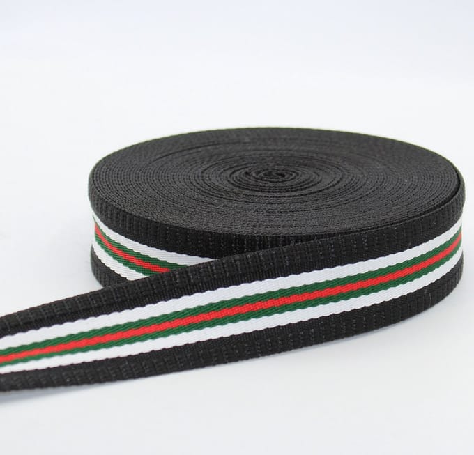 5 Meter GESTREEPTE TASSENBAND, Breedte 40MM, Kleur ZWART/WIT/GROEN/ROOD 17