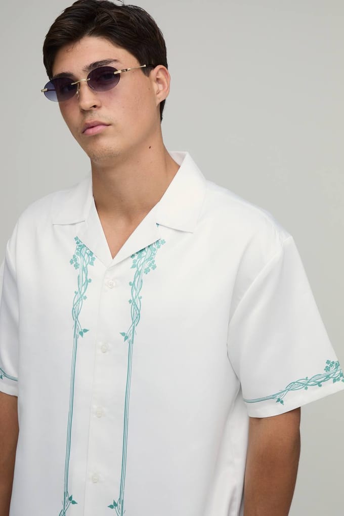 Oversized Short Sleeve Floral Boarder Print Satin Shirt & Short Set | Sage | Size Medium