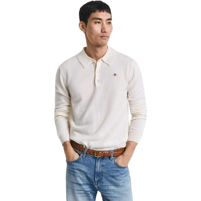 Gant Heren Lamswollen Poloshirt met Lange Mouwen (Crème)