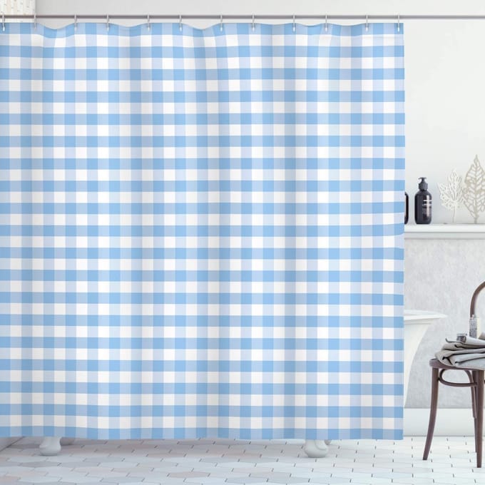 ABAKUHAUS Geruit douchegordijn – Lichtblauw-wit – 175x240 cm