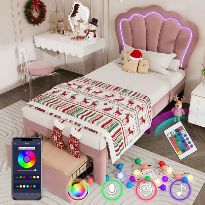 KOMHTOM Bed LED-kinderbed Eenpersoonsbed 90x190 cm met laden APP-Control Lattenbodem en verstelbare hoofdsteun Roze