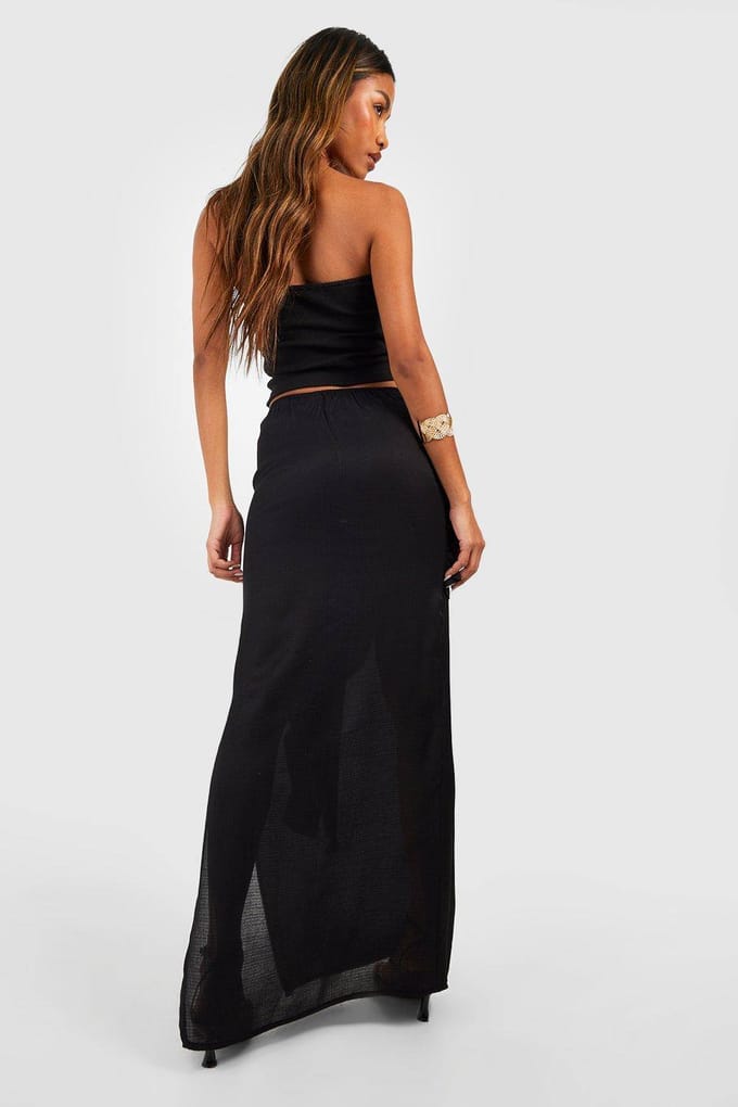 boohoo Dames Textured Cheesecloth Knot Front Maxi Skirt | Zwart | Maat: 34