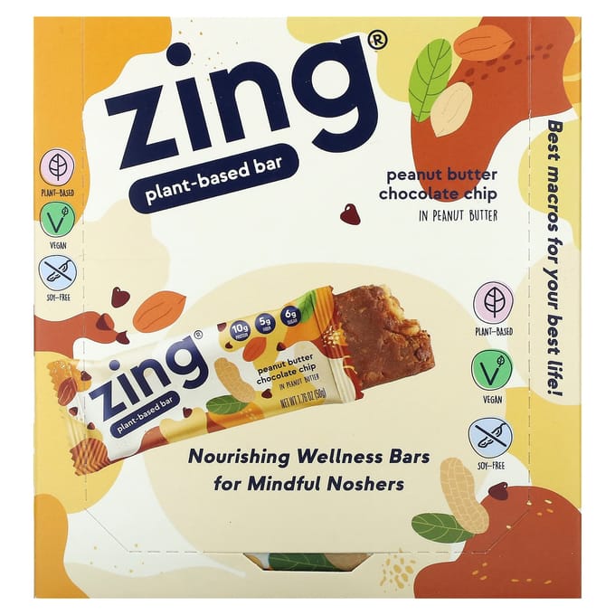 Barres Zing, barres végétaliennes, beurre d'arachide et pépites de chocolat, 12 barres, 1,76 oz (50 grammes) Chaque