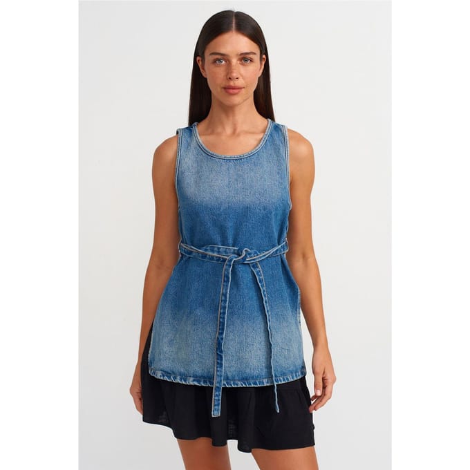 Katoenen Denim Tuniekblouse met Strikdetail
