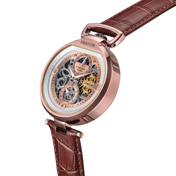 Heritor Automatic Lincoln leren band skelethorloge met maanfase - bruin