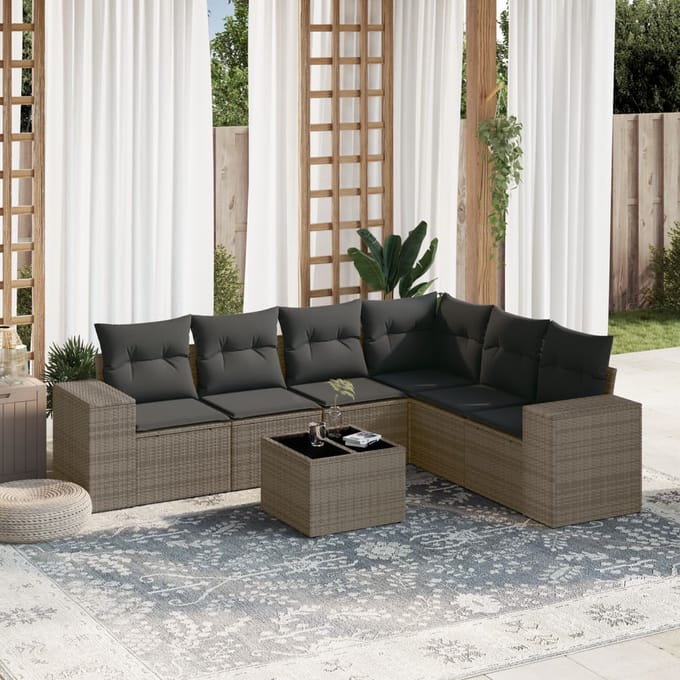 vidaXL - 7-delige - Loungeset - met - kussens - poly - rattan - grijs