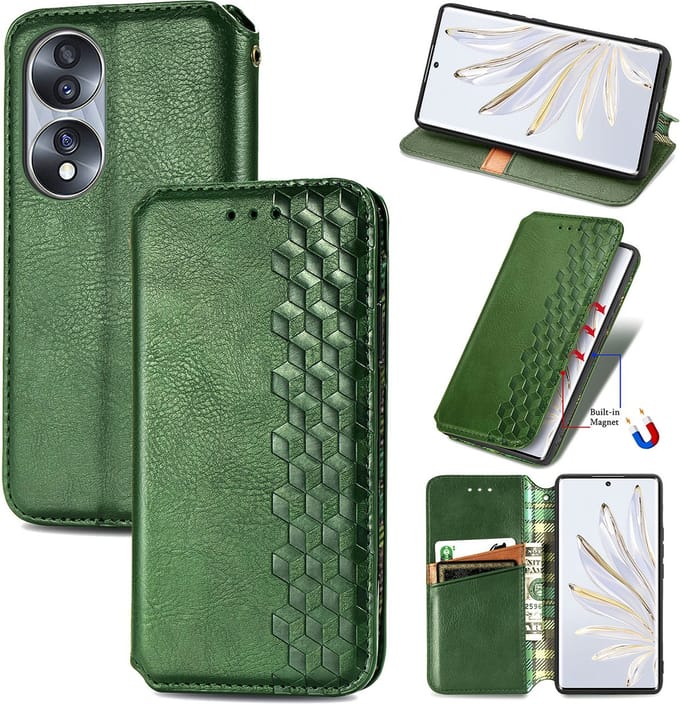 Luxe PU Lederen Ruitpatroon Wallet Case voor Honor 70 _ Groen