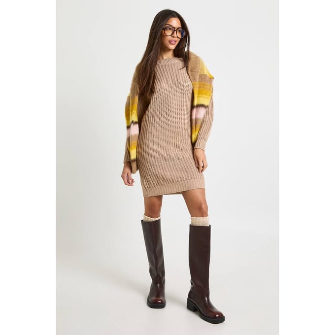 boohoo Dames Crew Neck Jumper Dress | Tan | Maat: Small/Medium