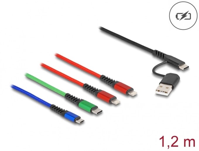 Delock USB Charging Cable 4 in 1 USB Type-A + USB-C™ to 2 x Lightning™ / Micro USB / USB Type-C™ 1.20 m