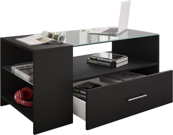 Tindala salontafel met glazen blad, 1 lade, 3 plankenzwart.