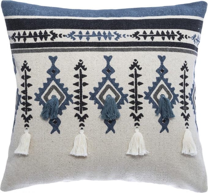Kussensloop ETNIK macramé  pompon 40x40, blauw grijs