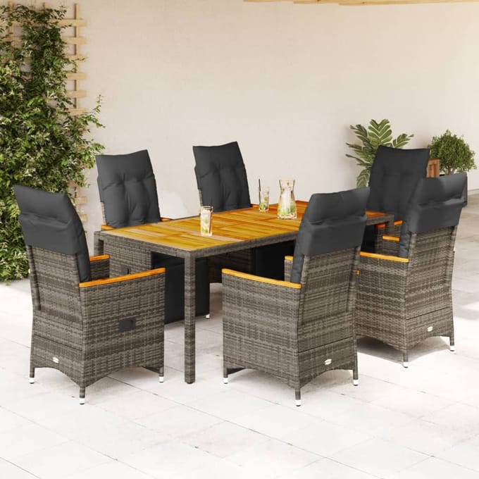 vidaXL - 7-delige - Bistroset - met - kussens - poly - rattan - grijs