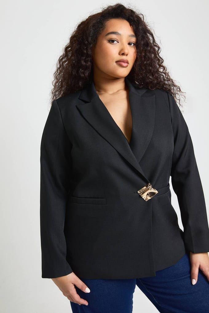 boohoo Dames Plus Goudkleurig Afgezet Enkelrijs Blazer | Black | Maat: 22