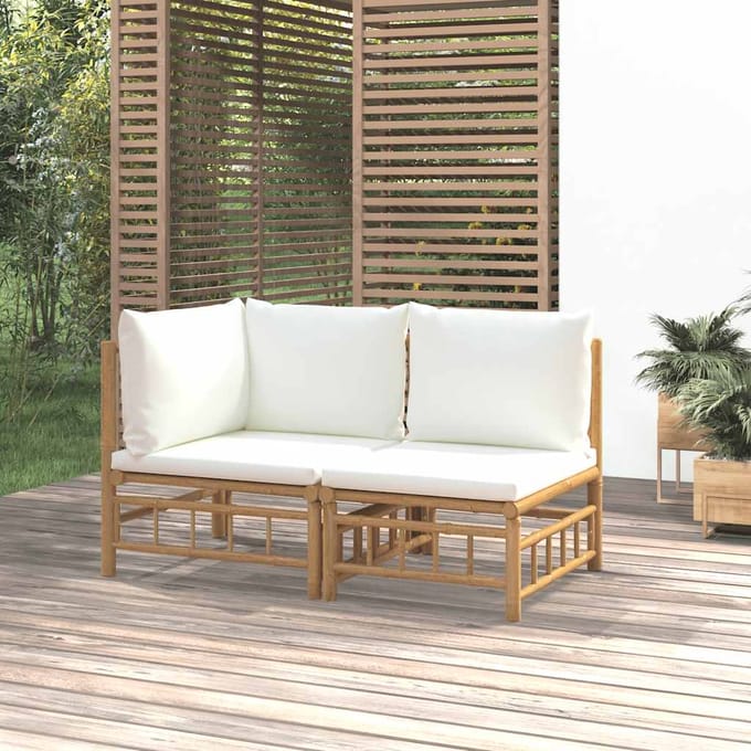 vidaXL - 2-delige - Loungeset - met - kussens - bamboe - crèmewit