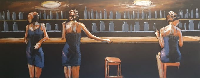 Schilderij - Metaalschilderij - In het Café, voor de bar, 60x150cm, 3D art