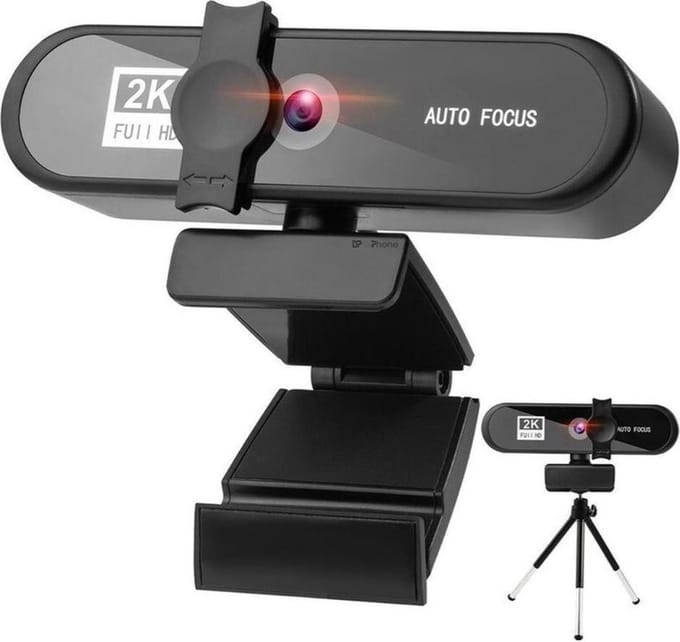 DrPhone CW7 - 2K Webcam – 2592x1944P– Webcamera met Microfoon/Statief en Privacykap - Autofocus - 85 graden groothoek – 5MP - Zwart