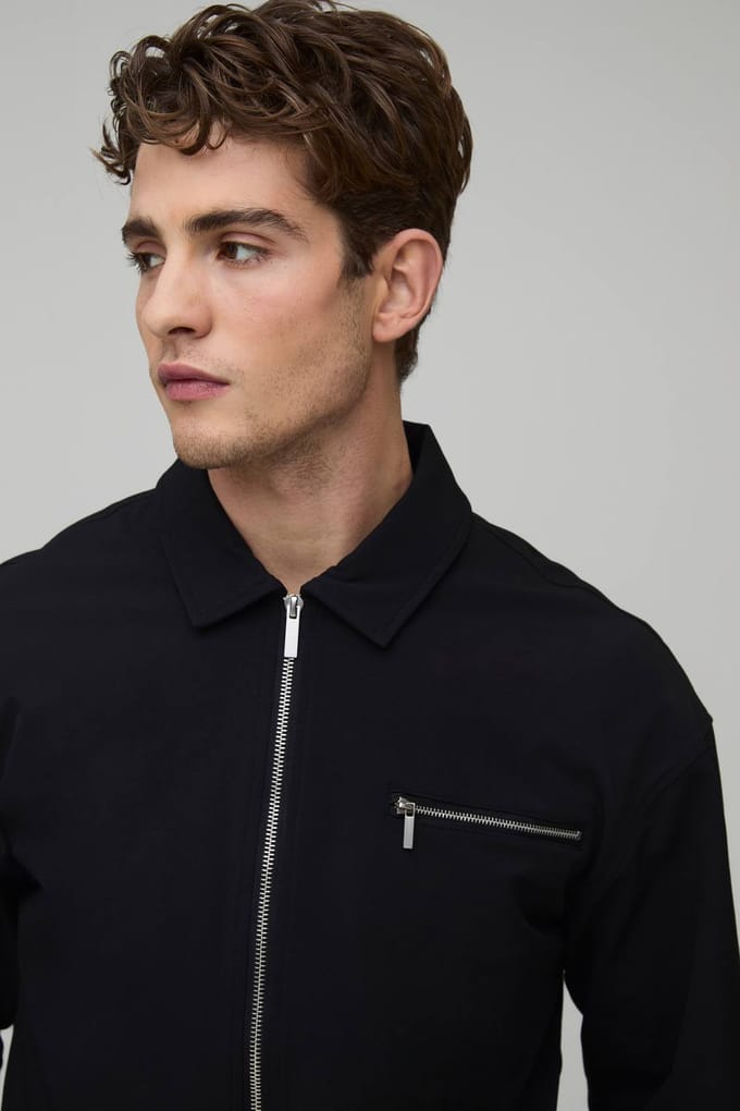 Regular Technical Stretch Zip Pocket Overshirt | Black | Size Medium