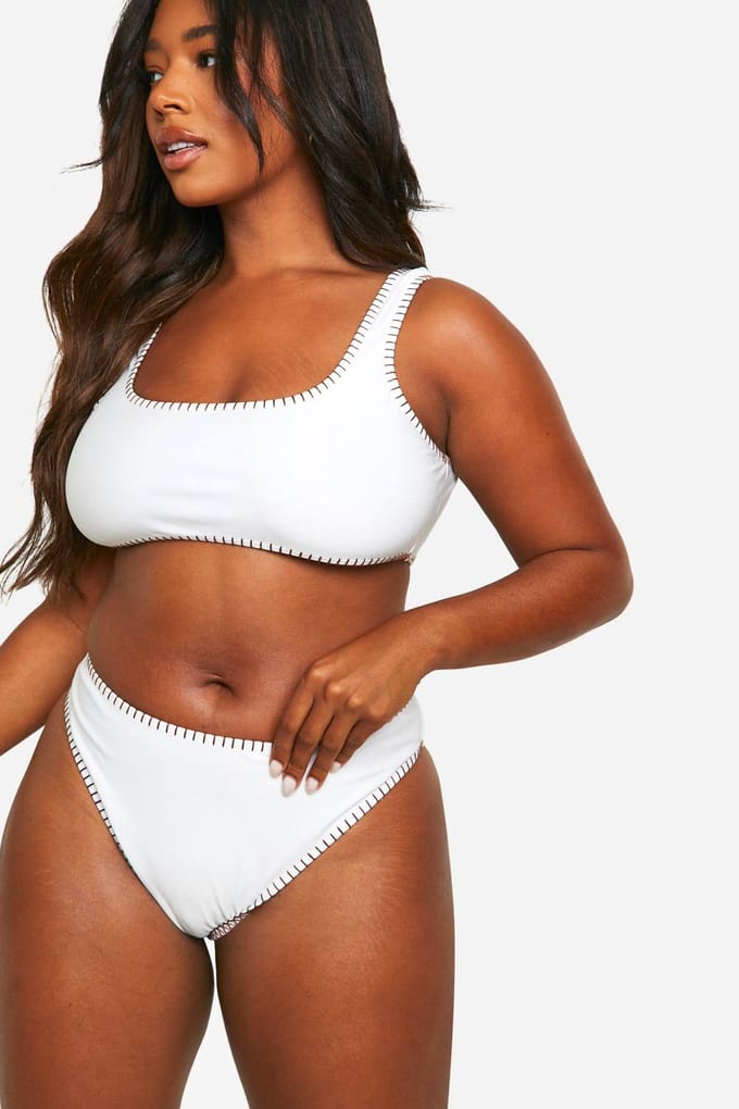 boohoo Dames Plus Contrast Stitch High Waisted Bikini | Ecru | Maat: 24