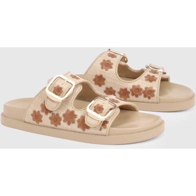 boohoo Dames Raffia Bloemen Slippers Met Dubbele Gesp | Natural | Maat: 37