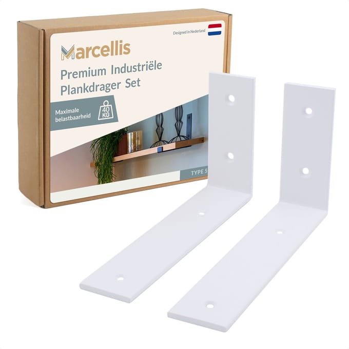 Marcellis - 2x Industriële plankdrager - Voor plank 30 tot 35cm + schroefset - mat wit - staal - T5