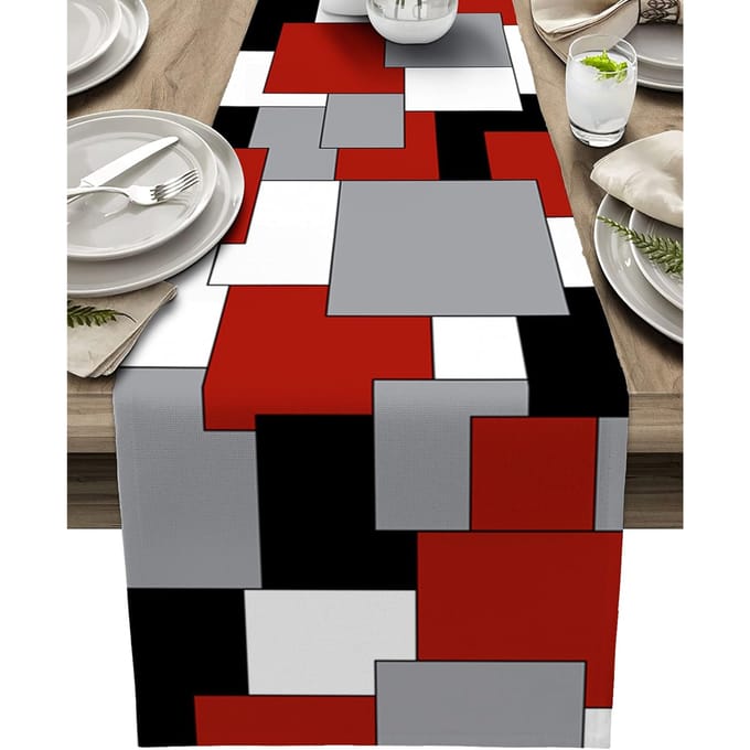 Blanc Noir Gris Bloc de Couleur Assemblage Lin Chemin de Table Écharpe de Commode Décoration Abstraite Géométrique Chemin de Table Décoration de Table de Cuisine Fête 150x33cm