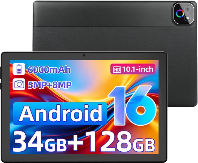 Android 16 Tablet- 10.1 inch Tablets- 30GB RAM(6G+24GB) - 128GB - Gemini AI- WiFi6 - Zwart