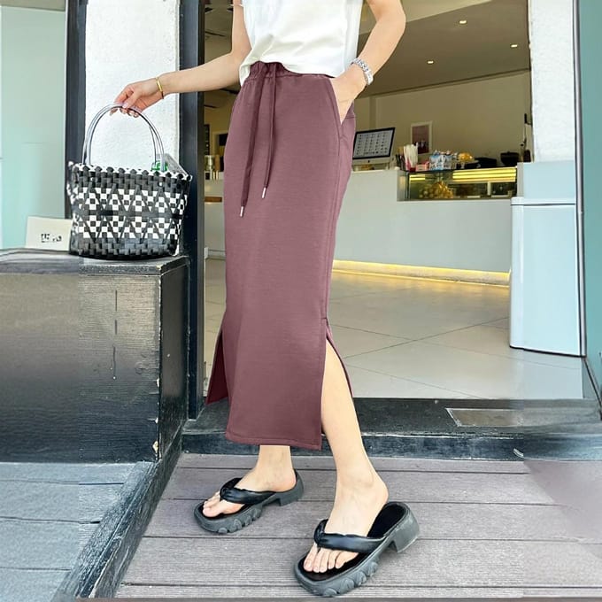 Taille met trekkoord, Split, Elastisch, Lichte casual rok, Dunne vrouw XXL koffie