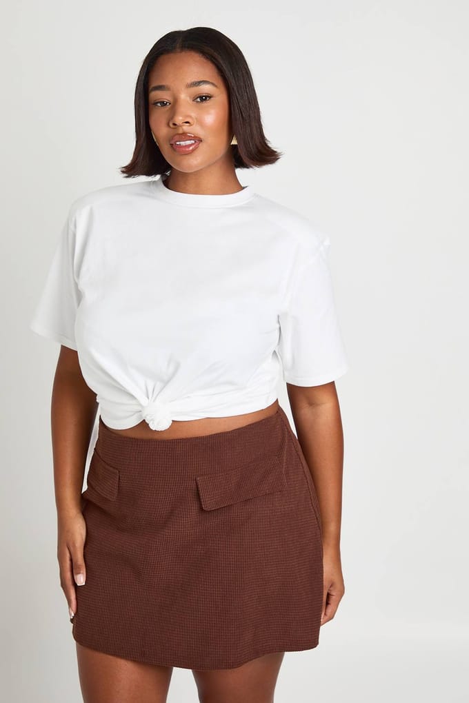 boohoo Dames Plus Geborsteld Visgraat Geruite Skort | Brown | Maat: 28