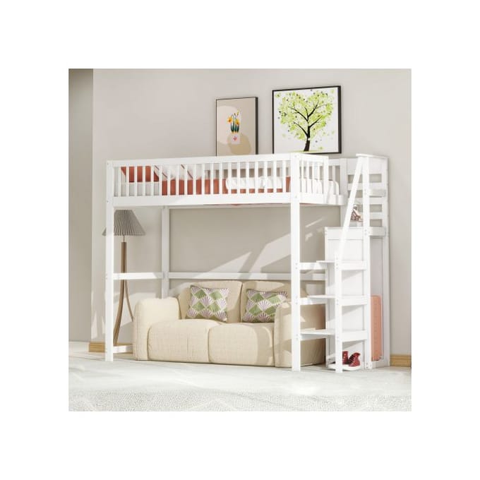 Lit mezzanine - MUVOE - 90x200 - Bois massif - Échelle de sécurité - Rangement intégré blanc