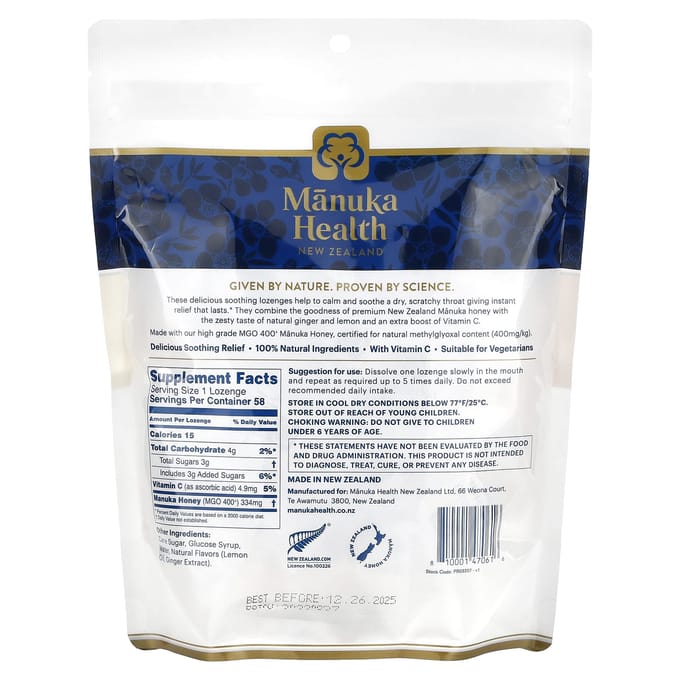 Manuka Honing Pastilles, Natuurlijke Gember & Citroen, MGO 400+, 58 Pastilles