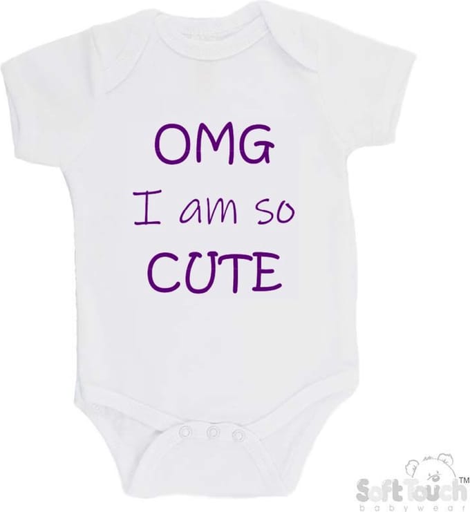 100% katoenen Romper "OMG I am so CUTE" Meisjes Katoen Wit/paars Maat 56/62