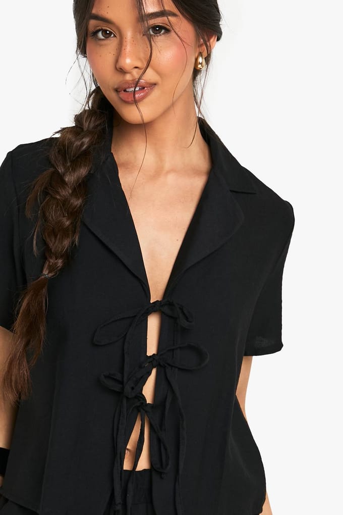 boohoo Dames Linnenlook crop shirt | Black | Maat: 8