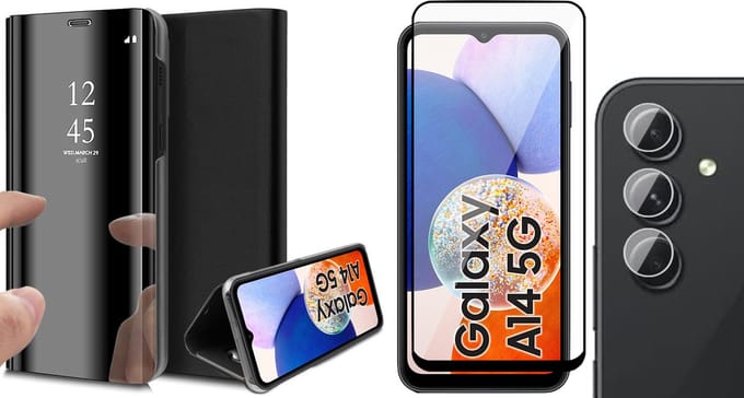 Hoesje geschikt voor Samsung Galaxy A14 - Screenprotector FullGuard & Camera Lens Screen Protector - Book Case Spiegel Zwart