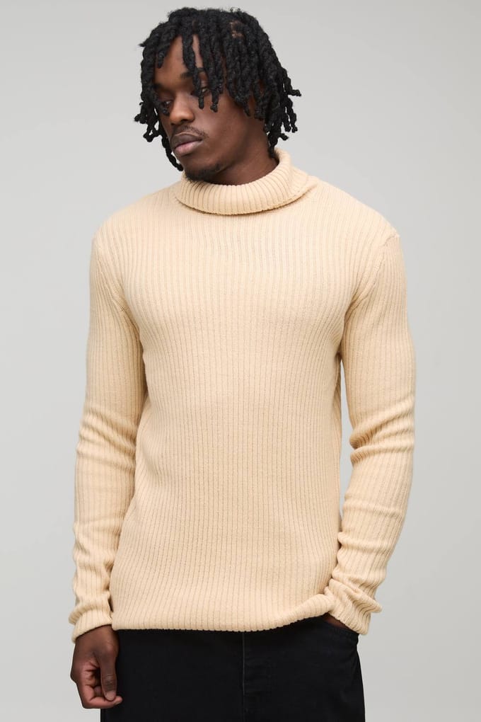 Tall Essential Muscle Fit Ribbed Roll Neck Jumper | Sand | Size Medium