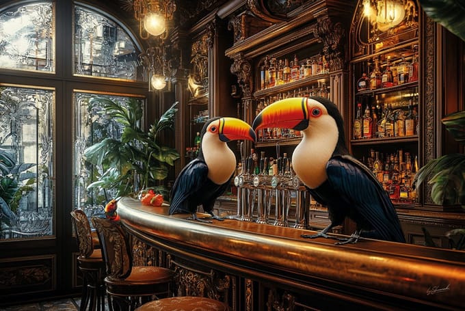 Glasschilderij Toekans aan de bar