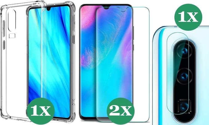 Hoesje geschikt voor Huawei P30 Transparant Shock Case - 2x Screenprotector Glas + 1x Camera Screen Protector