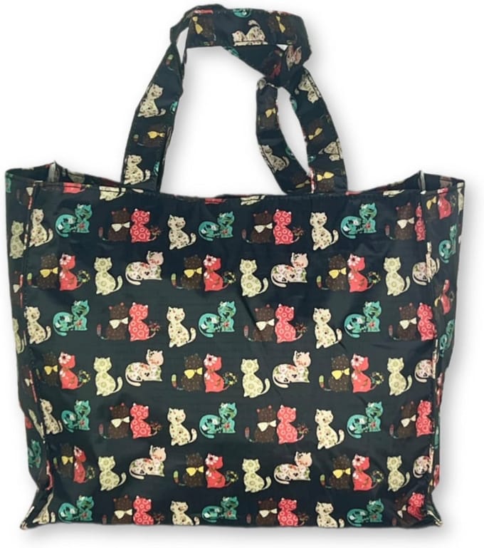 Kleine damestas nylon herbruikbare boodschappentas met ritssluiting en kitten motief 30 cm