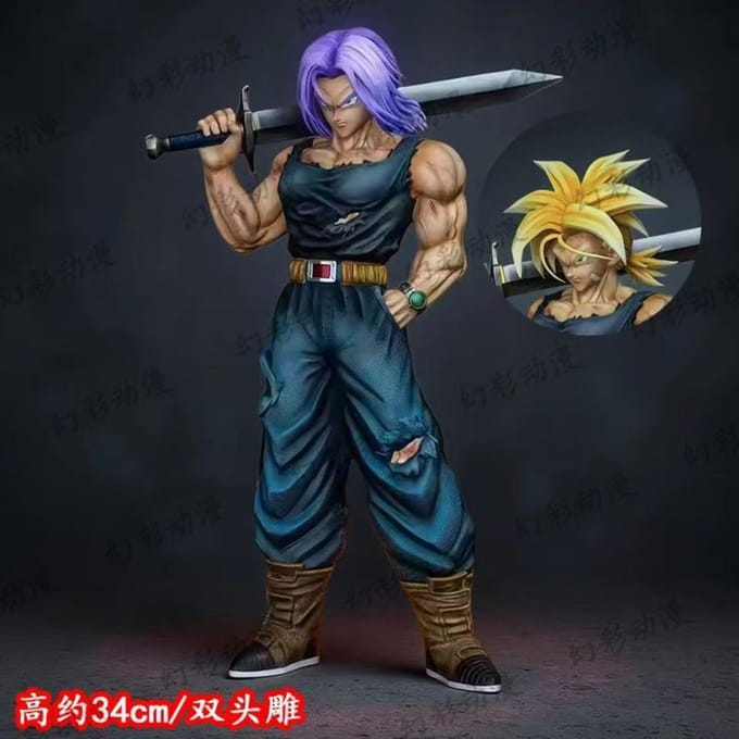 Figurine Trunks de JJ Studio, Dragon Ball Z, style épée, deux têtes interchangeables, PVC, 34 cm, objet de collection anime, cadeau déco No box