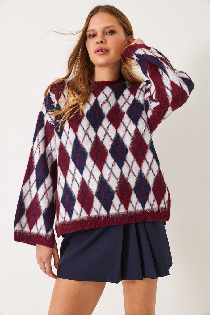 Crewneck Trui met Splits in Baklava Patroon